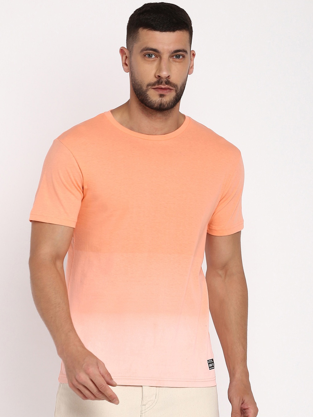 

abof Men Orange Colourblocked Mandarin Collar T-shirt