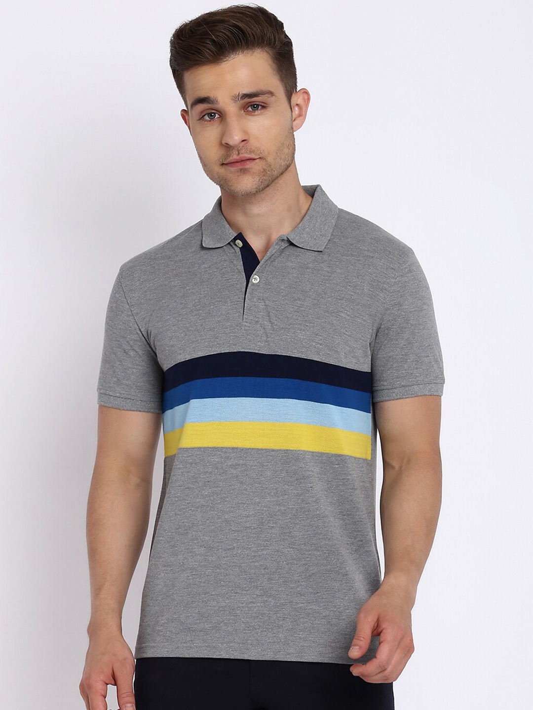 

abof Men Grey Colourblocked Polo Collar T-shirt