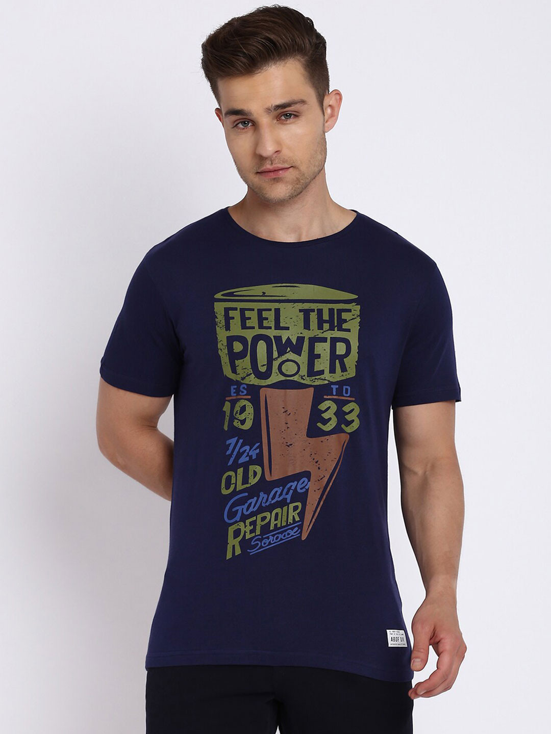 

abof Men Navy Blue Typography Printed T-shirt