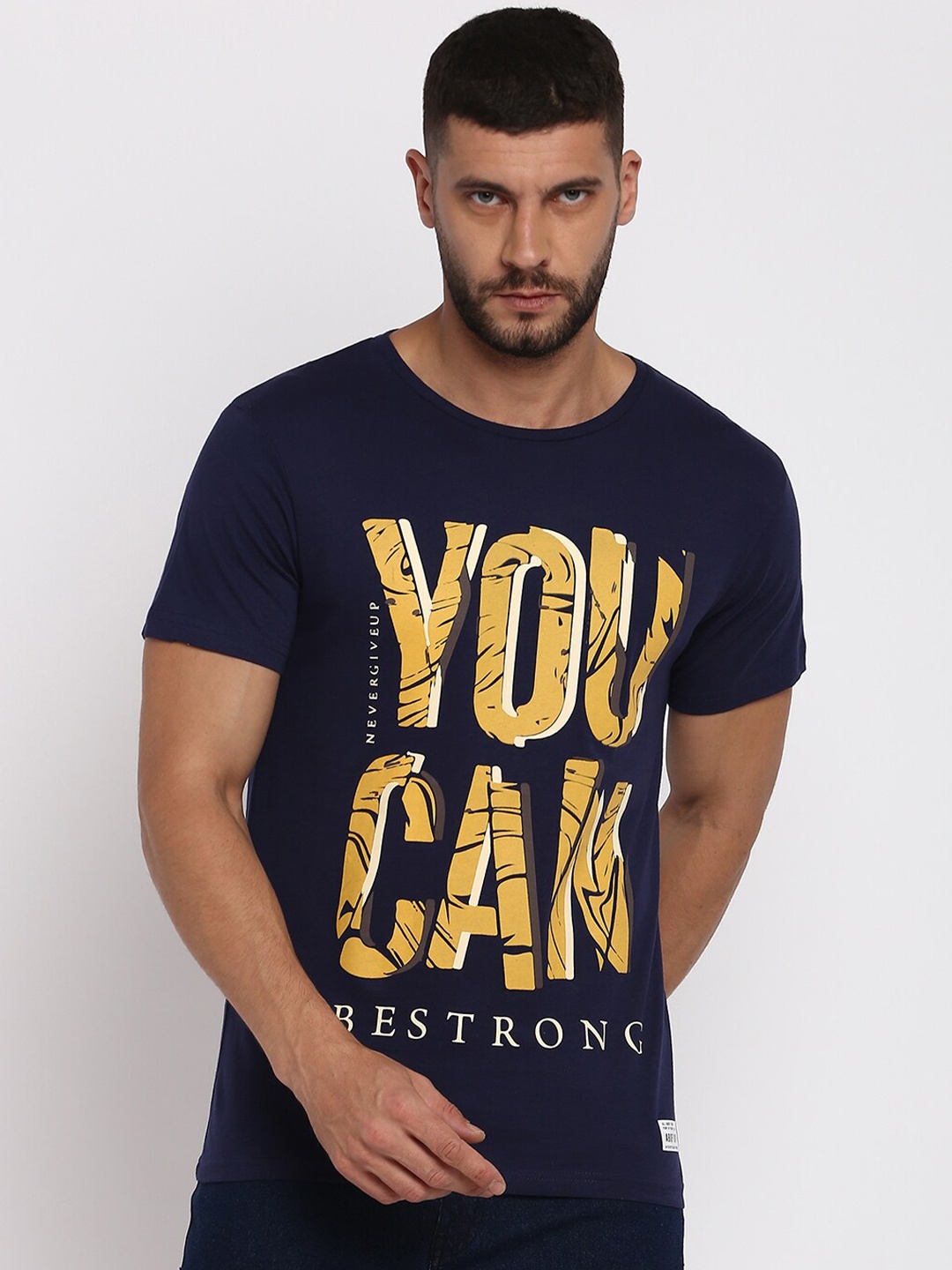 

abof Men Navy Blue Typography Printed Raw Edge T-shirt