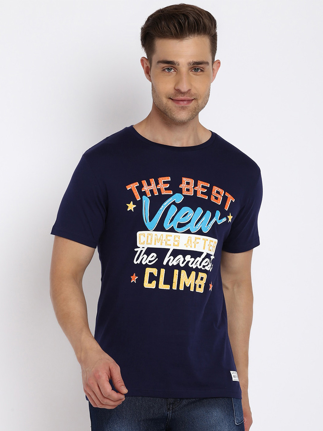 

abof Men Navy Blue Typography Printed Applique T-shirt