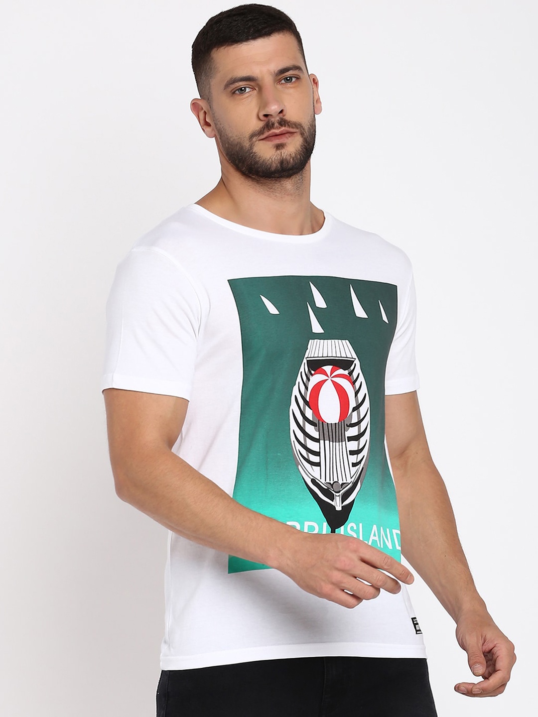 

abof Men White Printed Applique T-shirt