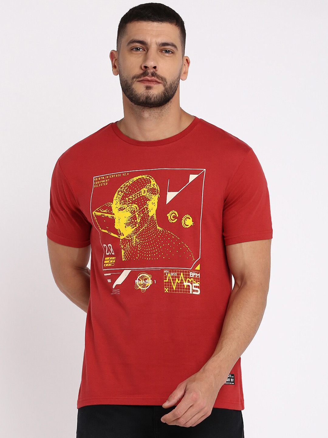 

abof Men Red Printed Applique T-shirt