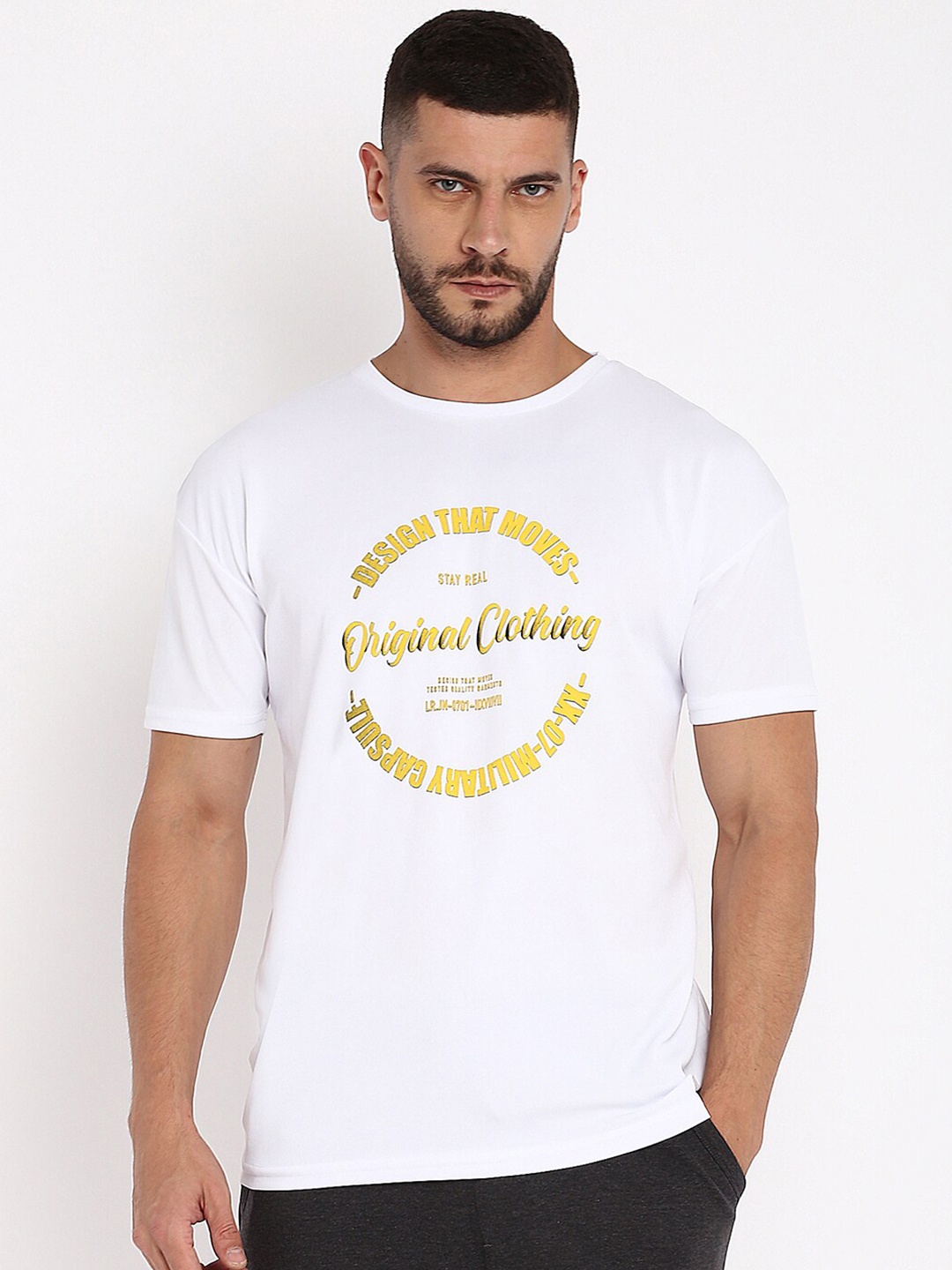 

abof Men White Typography Printed Drop-Shoulder Sleeves Applique Oversized T-shirt