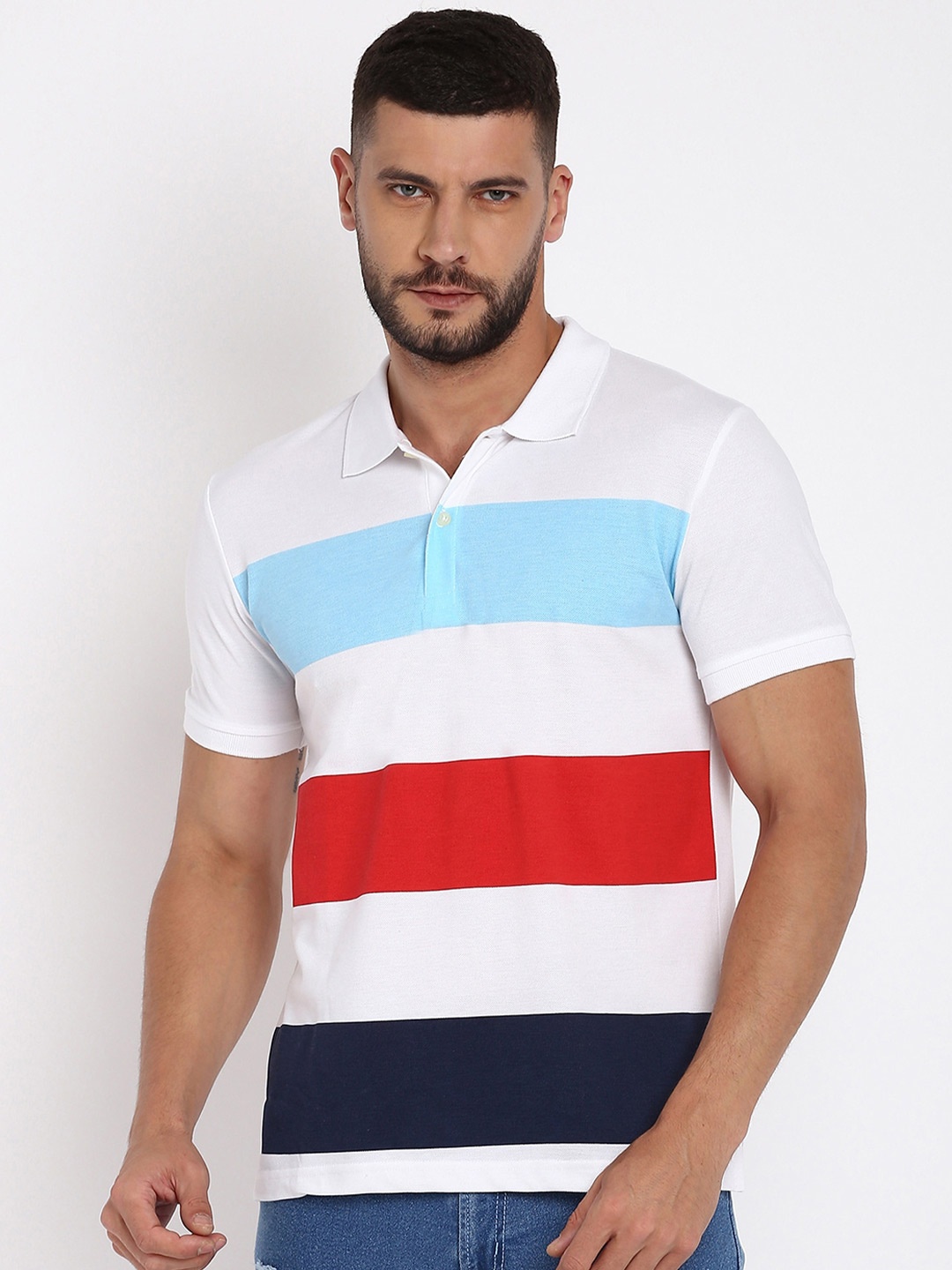 

abof Men White Striped Polo Collar T-shirt