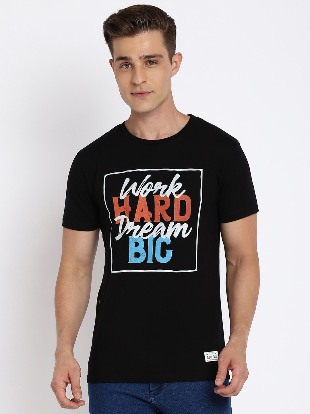 

abof Men Black Typography Printed Applique T-shirt