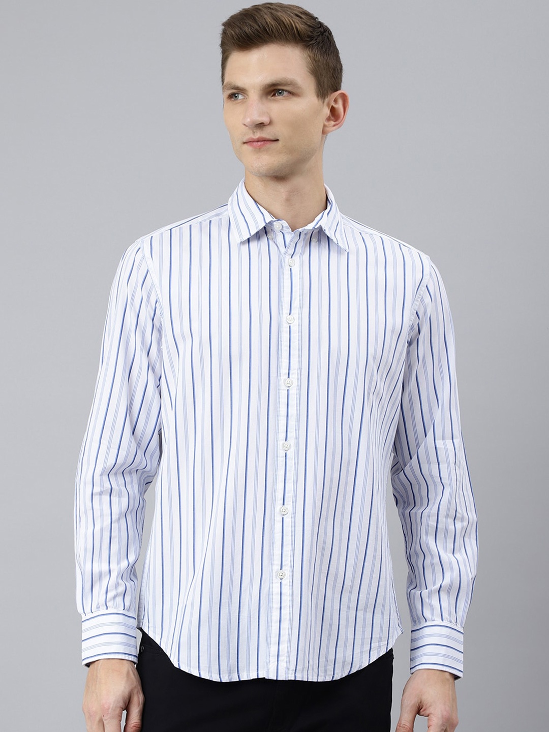 

Woodland Men White & Blue Striped Casual Shirt