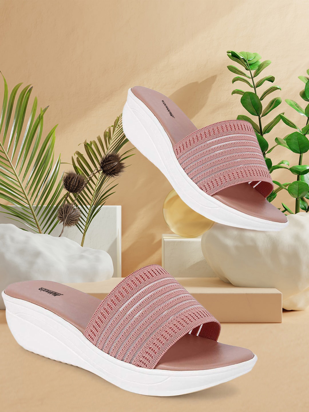 

Alishtezia Pink Striped PU Wedge Mules