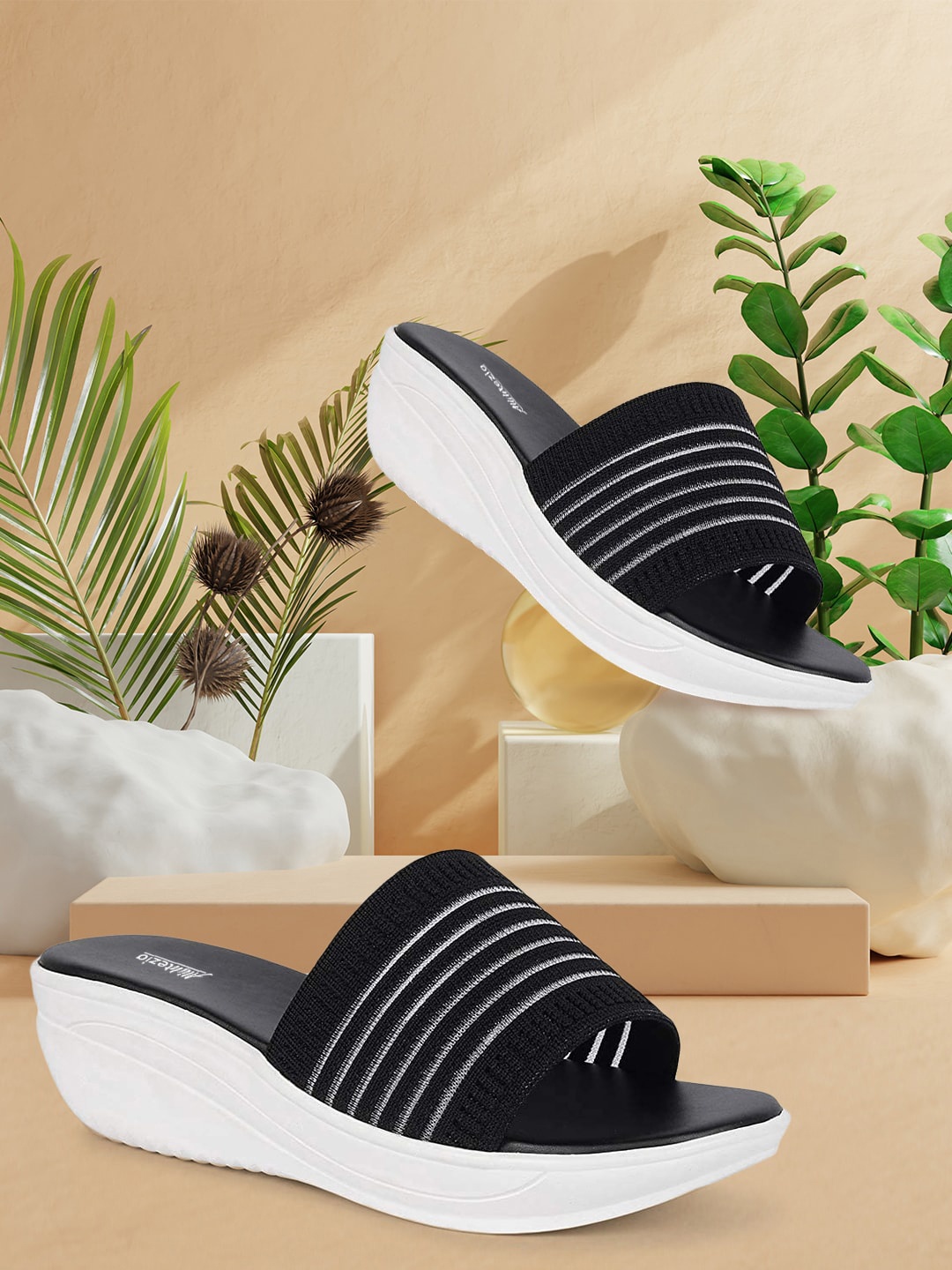 

Alishtezia Black Striped PU Block Mules with Bows