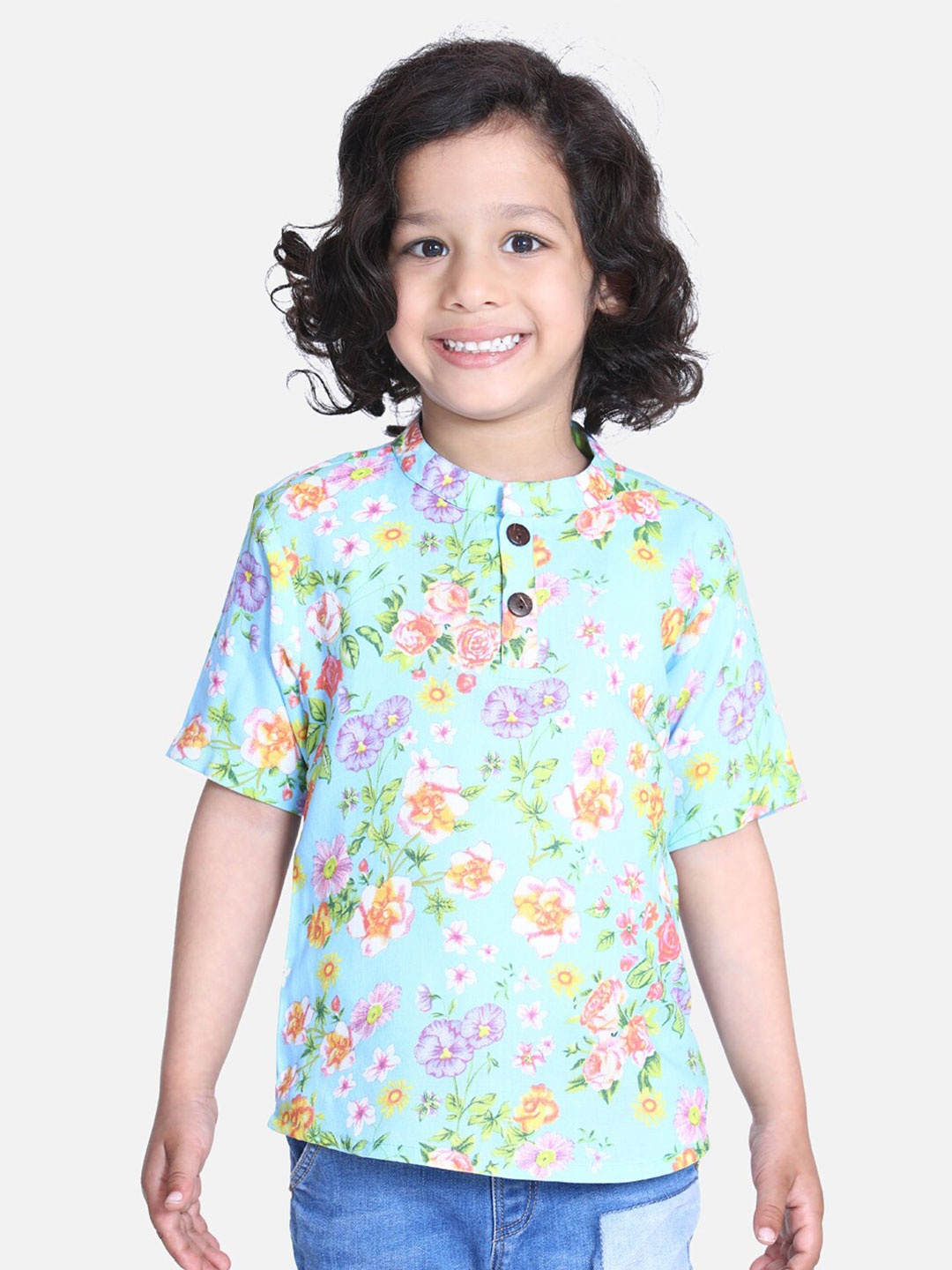 

Cutiekins Girls Turquoise Blue Floral Printed Polo Collar T-shirt