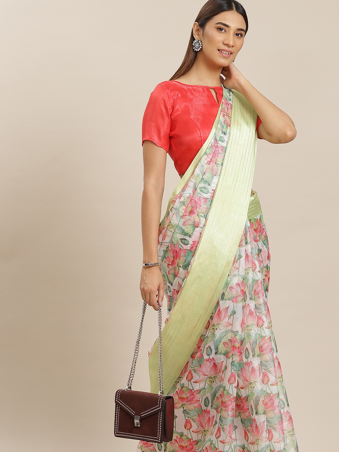 

Mitera Off White & Green Floral Print Saree