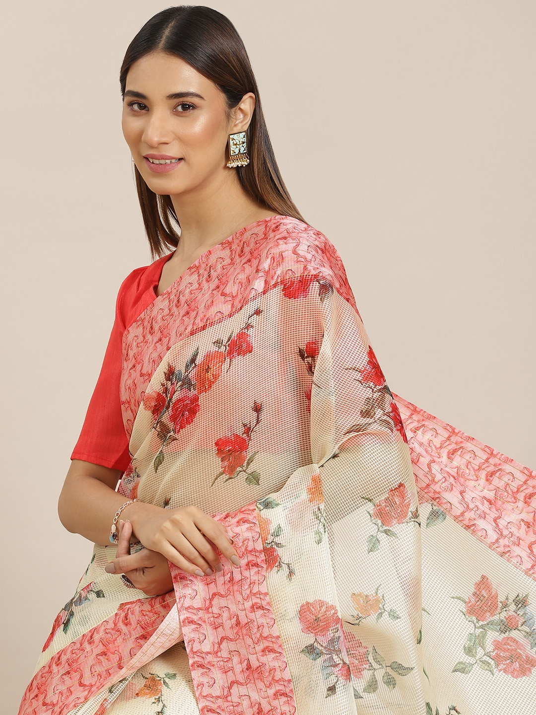 

Mitera Beige Floral Print Saree