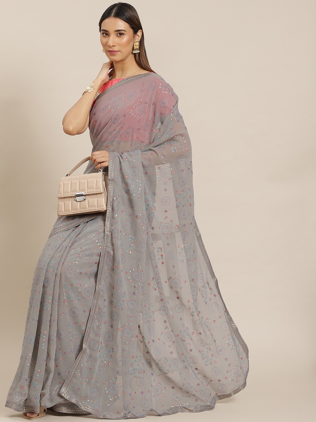 

Mitera Grey Bandhani Embellished Saree