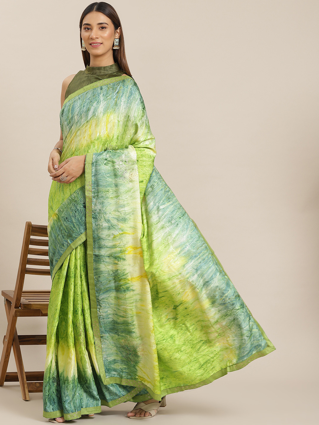 

Mitera Green Satin Printed Saree