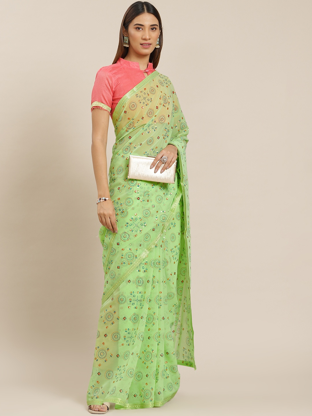 

Mitera Green Bandhani Embellished Saree