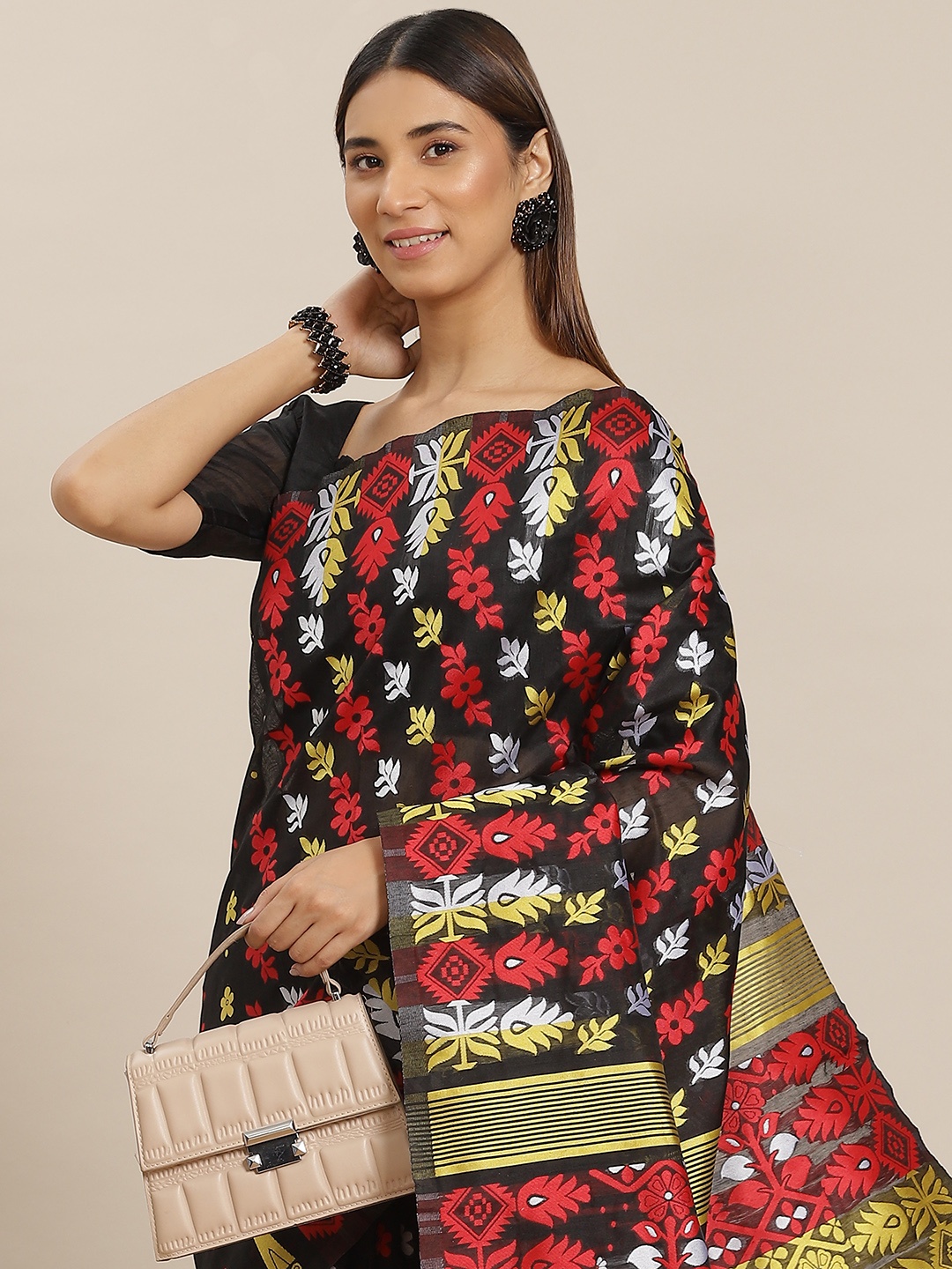 

Mitera Black & Red Floral Print Saree