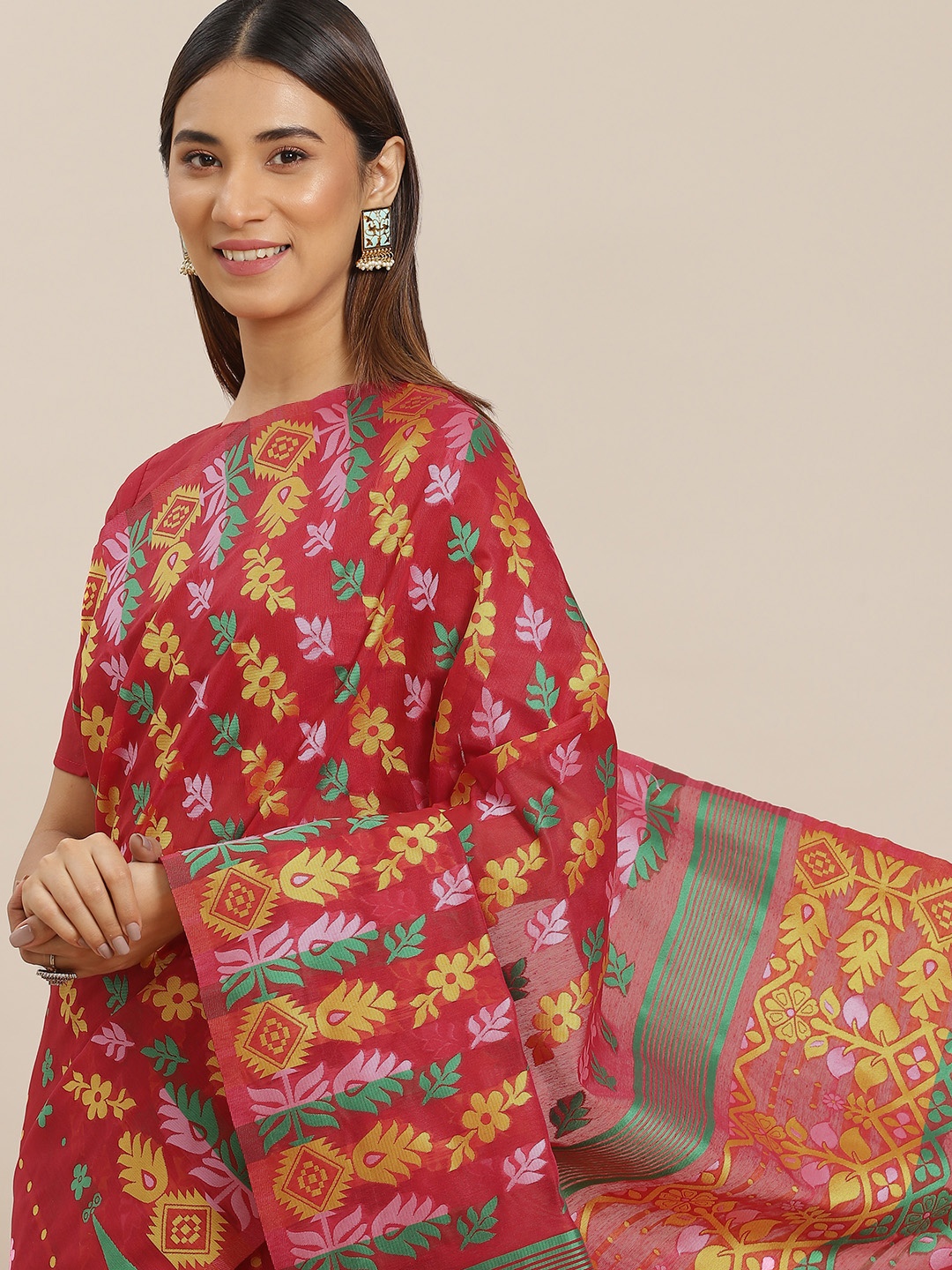 

Mitera Red Floral Print Saree