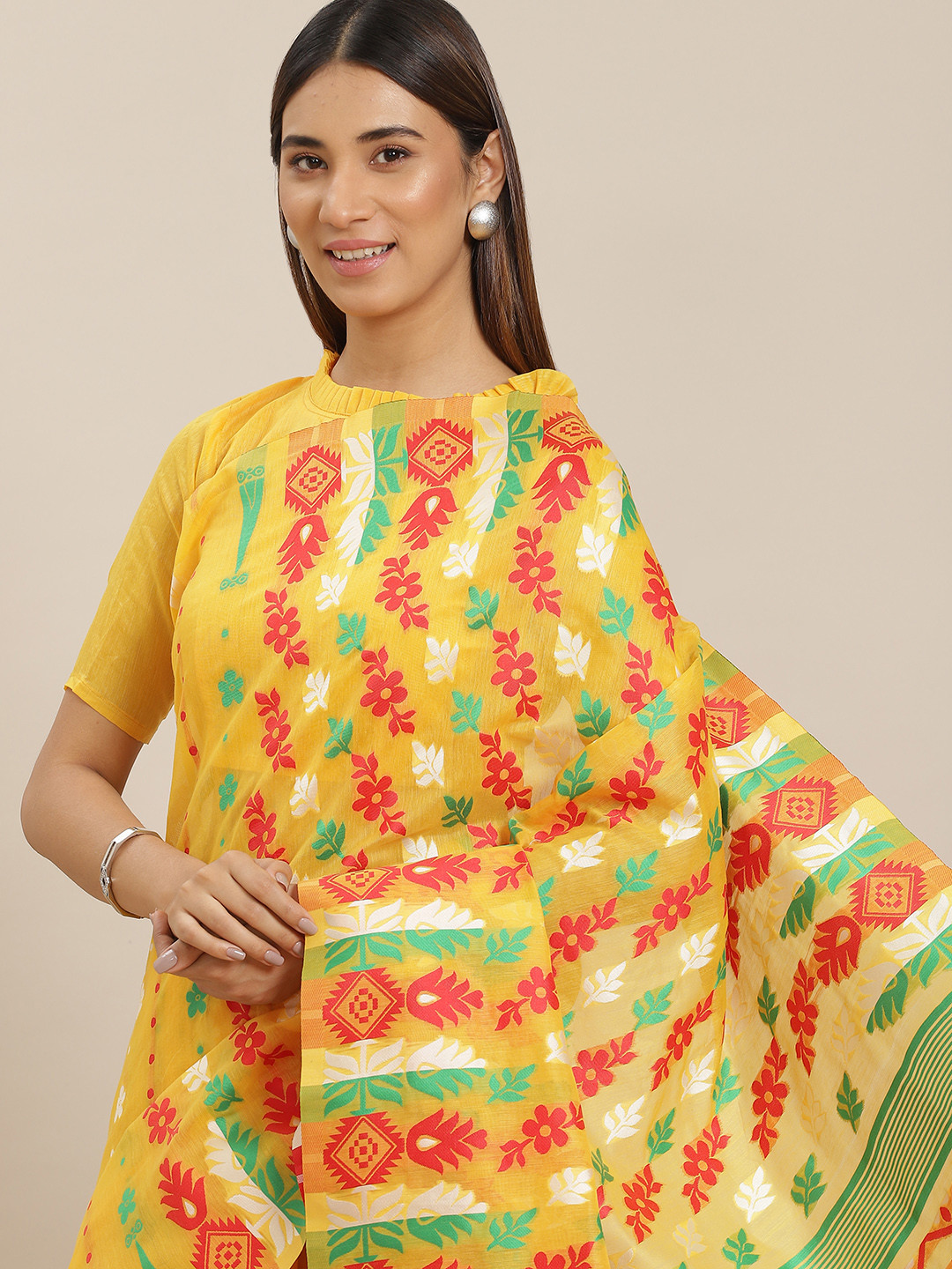 

Mitera Yellow & Peach-Coloured Floral Print Saree