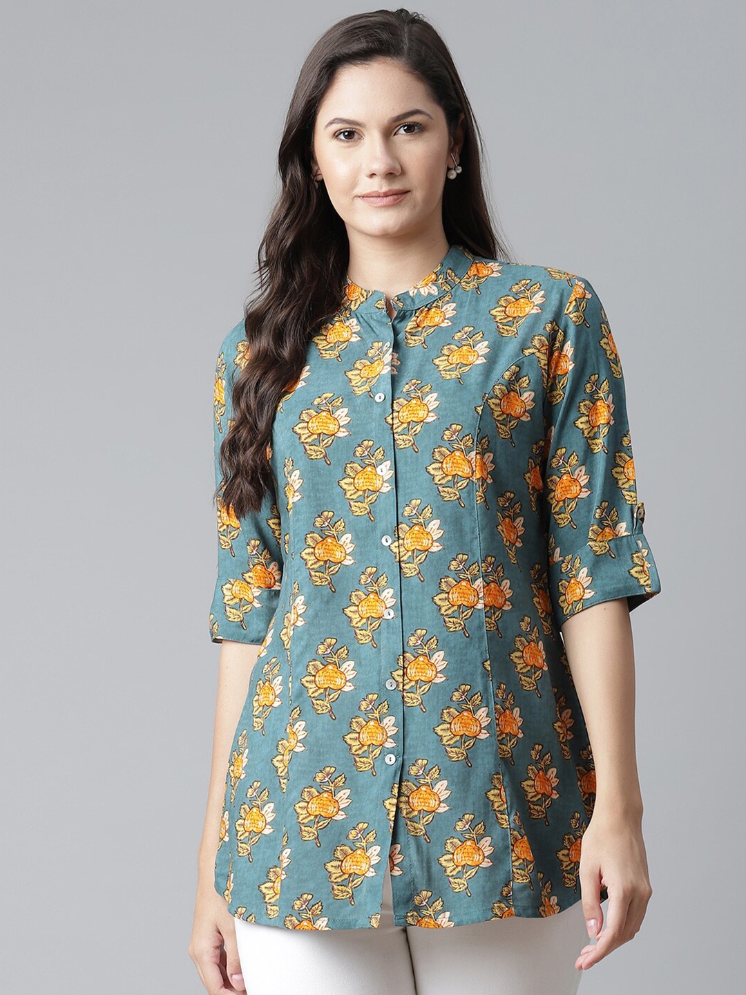 

Divena Sea Green Floral Print Mandarin Collar Roll-Up Sleeves Shirt Style Top