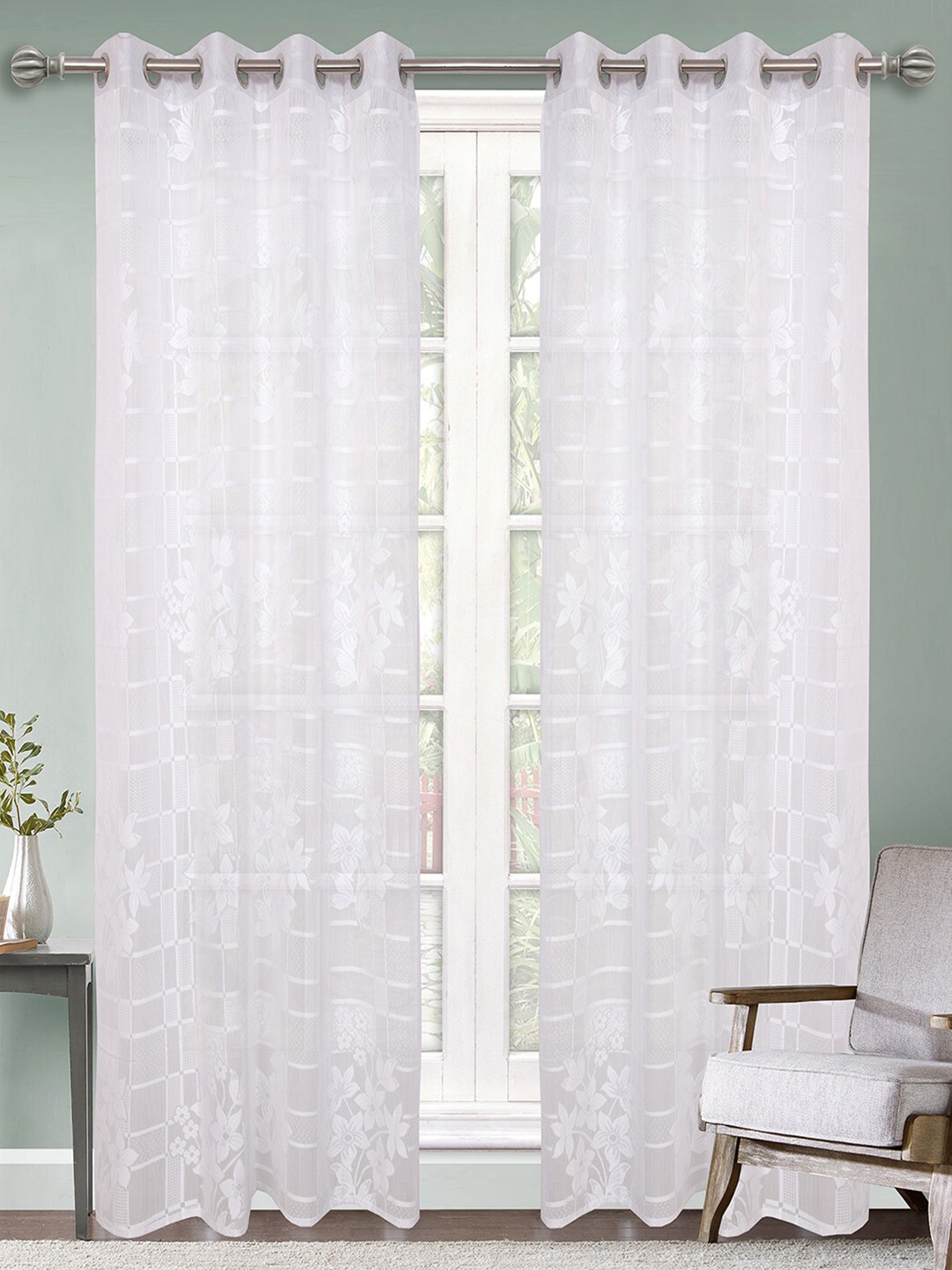 

Kuber Industries White Set of 2 Floral Sheer Door Curtain