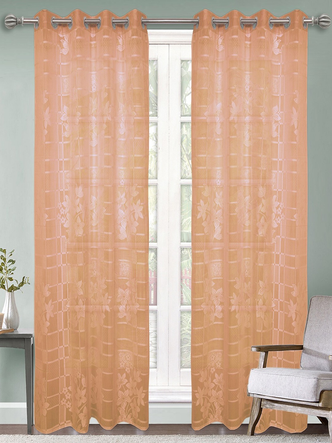 

Kuber Industries Brown Set of 2 Floral Sheer Door Curtain