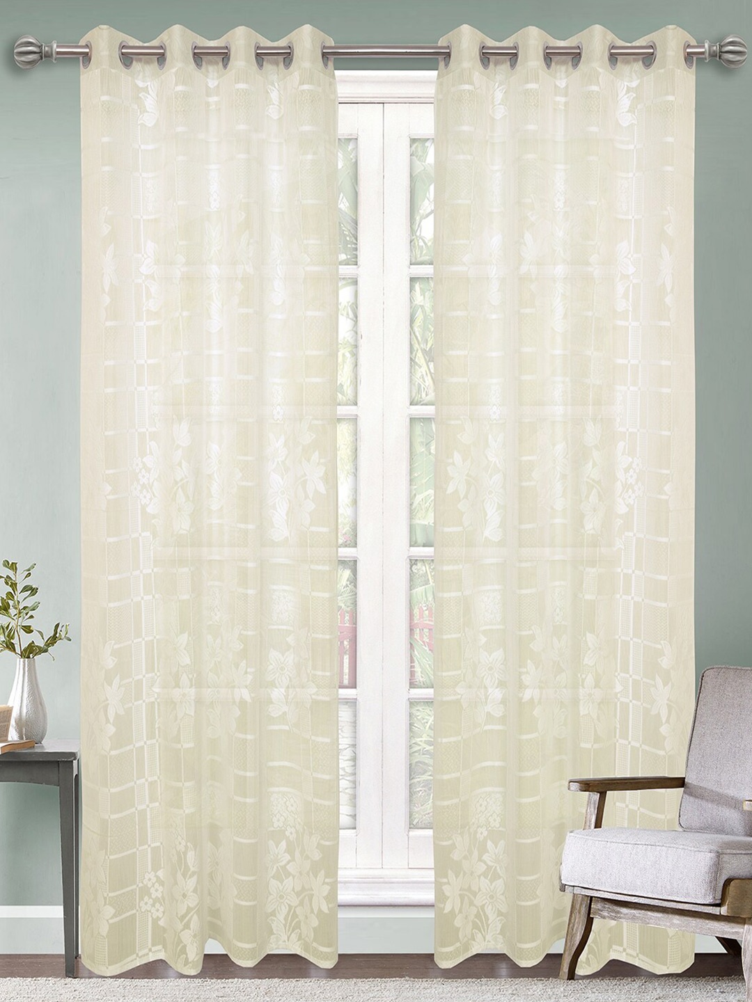 

Kuber Industries Cream-Coloured Set of 2 Floral Sheer Door Curtain
