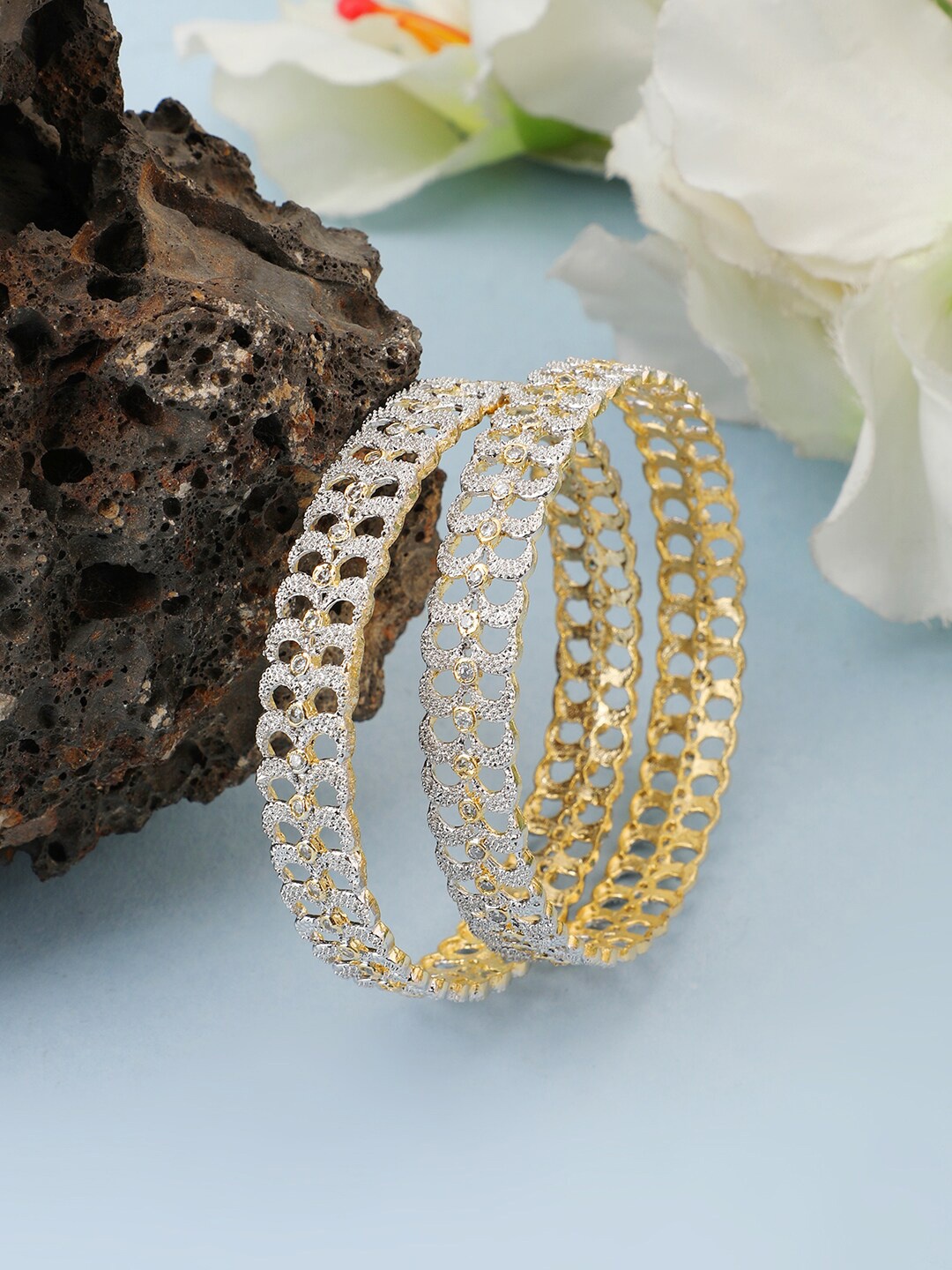 

ANIKAS CREATION Set Of 2 Gold Toned & Silver Toned White Stone Studded Bangle