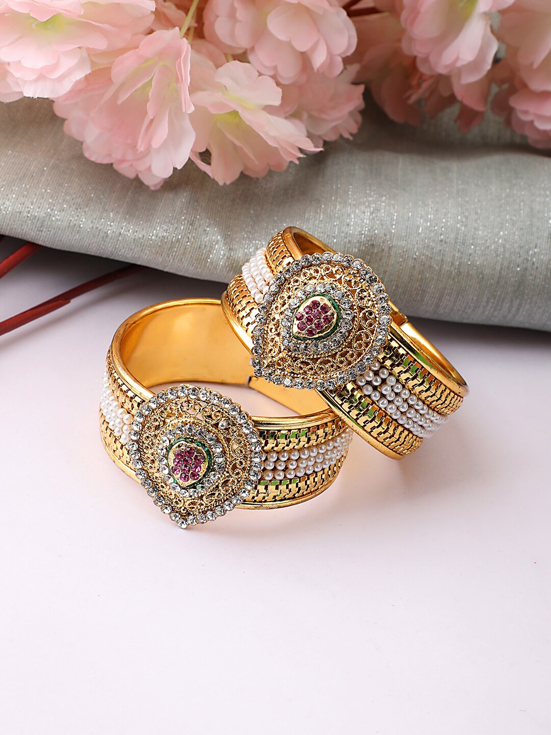 

ANIKAS CREATION Women Set of 2 Gold-Plated & White Brass Pearls Kada Bracelet