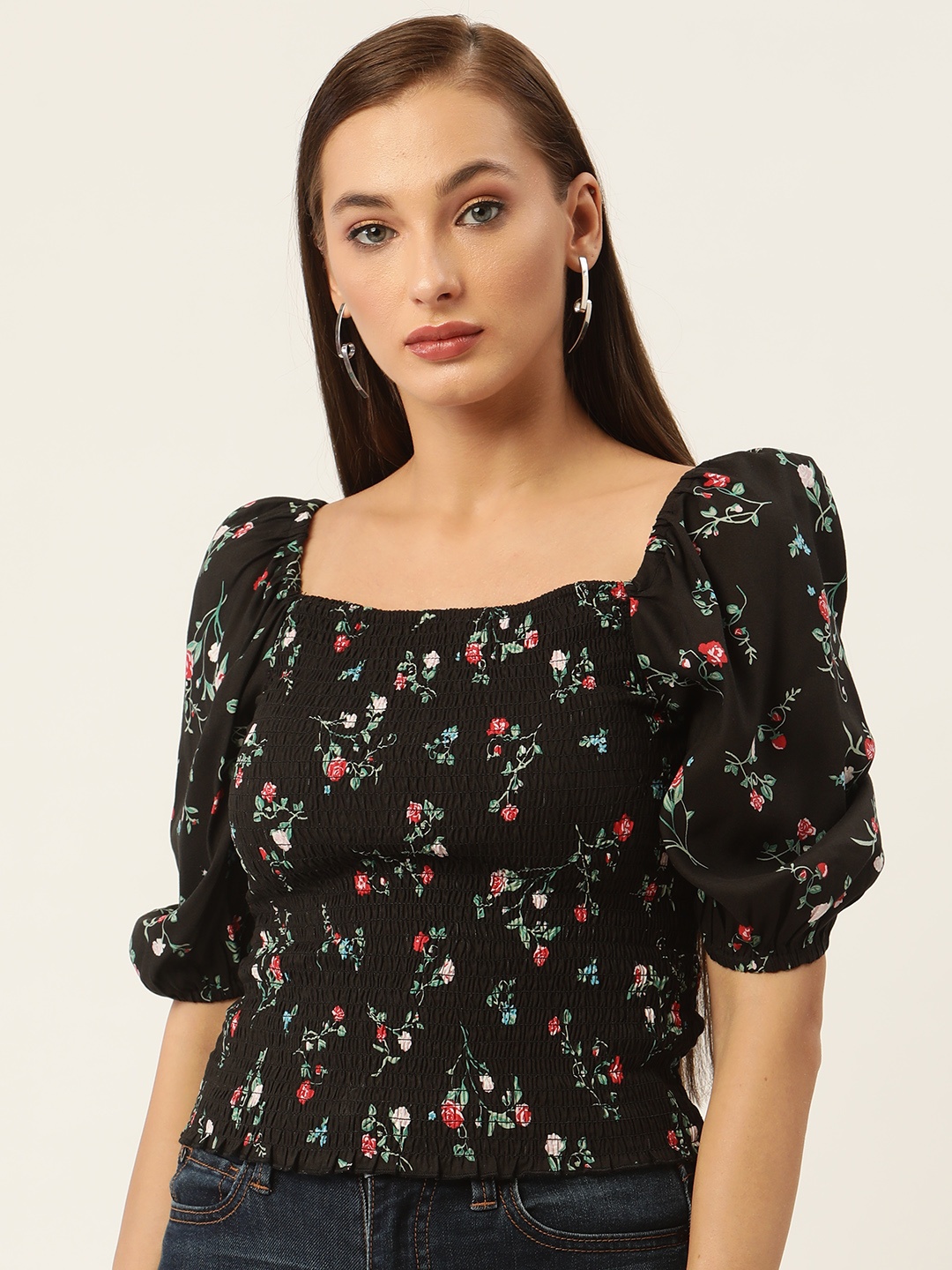 

Rue Collection Black Floral Print Cinched Waist Smocked Top
