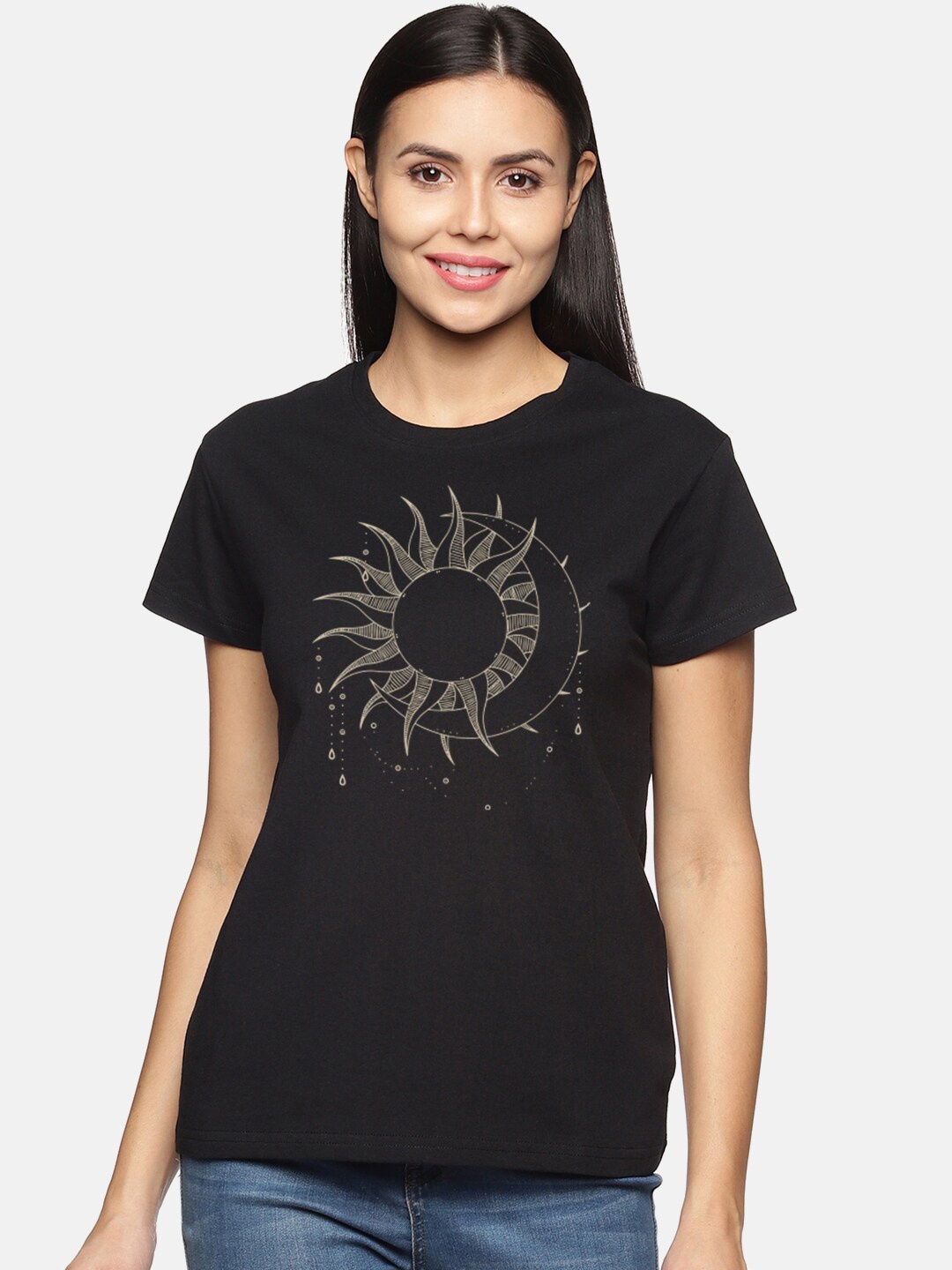 

BEVERLY BLUES Women Black Printed Raw Edge T-shirt