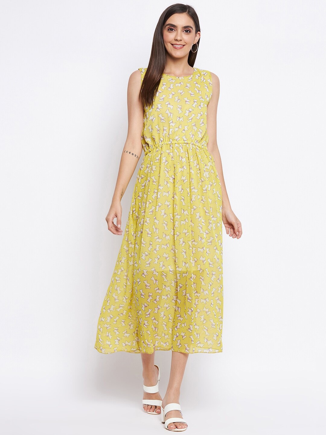 

Camey Yellow Floral Georgette A-Line Midi Dress
