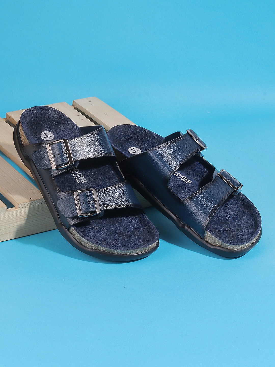 

Mochi Men Blue Solid Leather Comfort Sandals