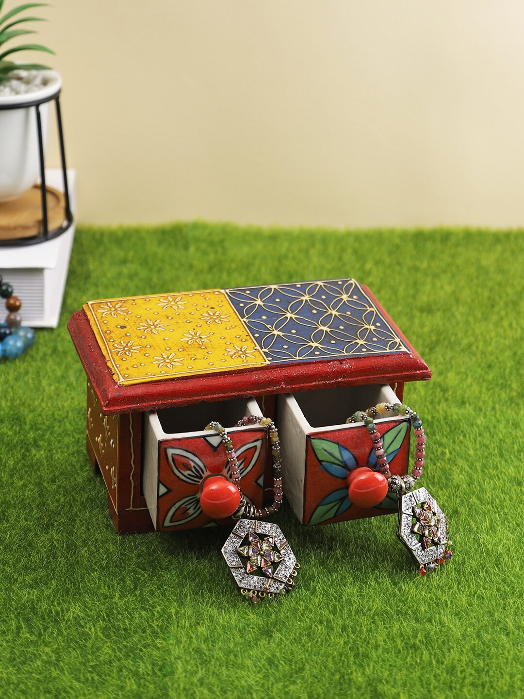 

Aapno Rajasthan Red & Yellow Self Design Double Drawer Storage Cabinet Multi-Utility Organisers