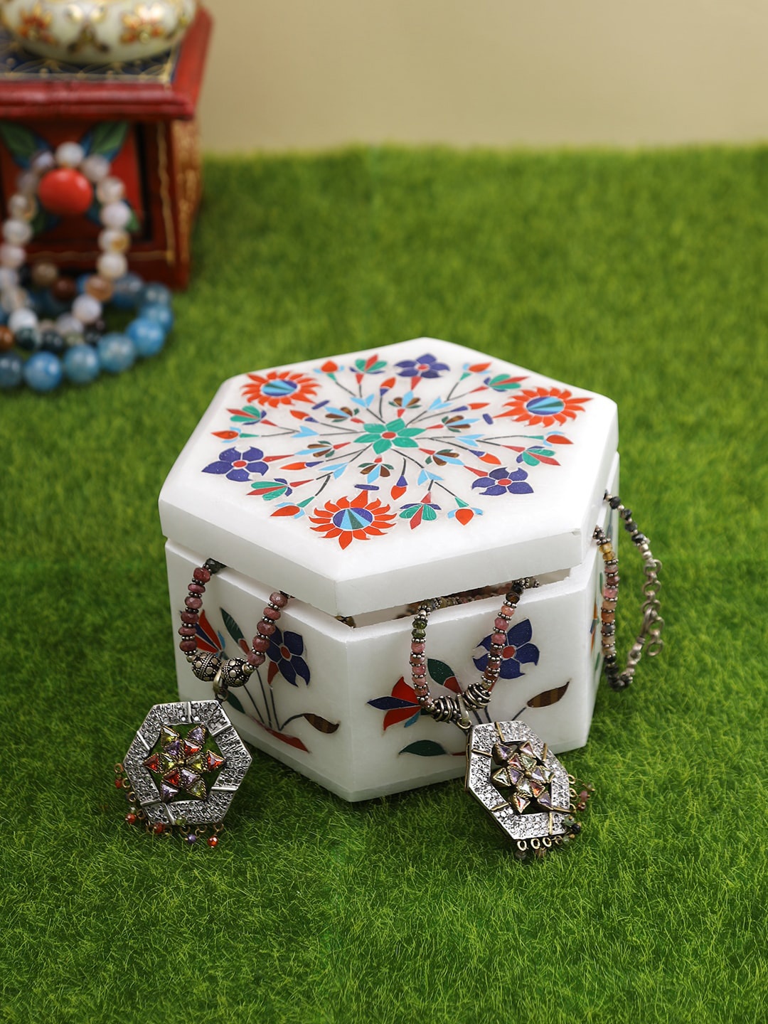 

Aapno Rajasthan White & Blue Textured Hexagonal Jewelry Box Organizer