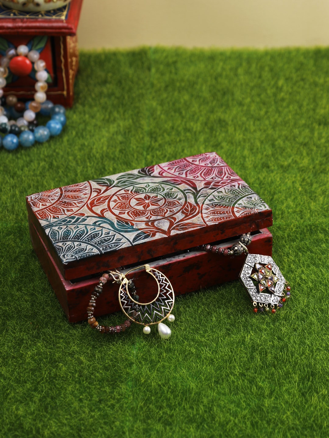 

Aapno Rajasthan Red & Blue Self Design Jewelry Box Organizer