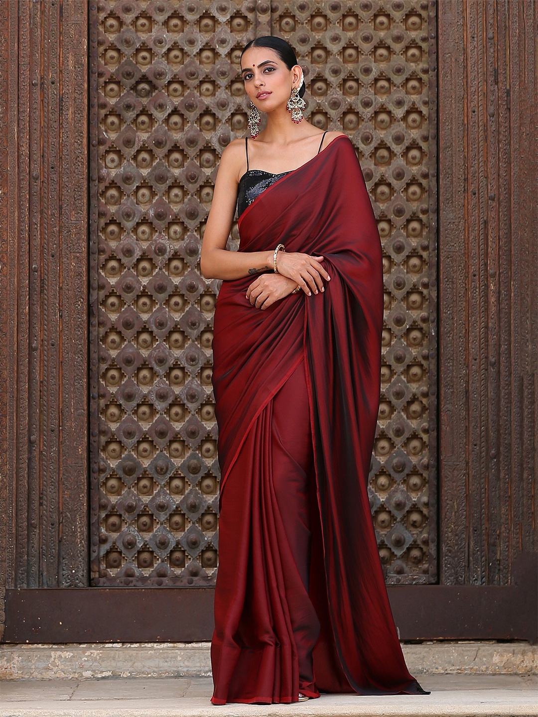 

Swtantra Maroon Satin Saree