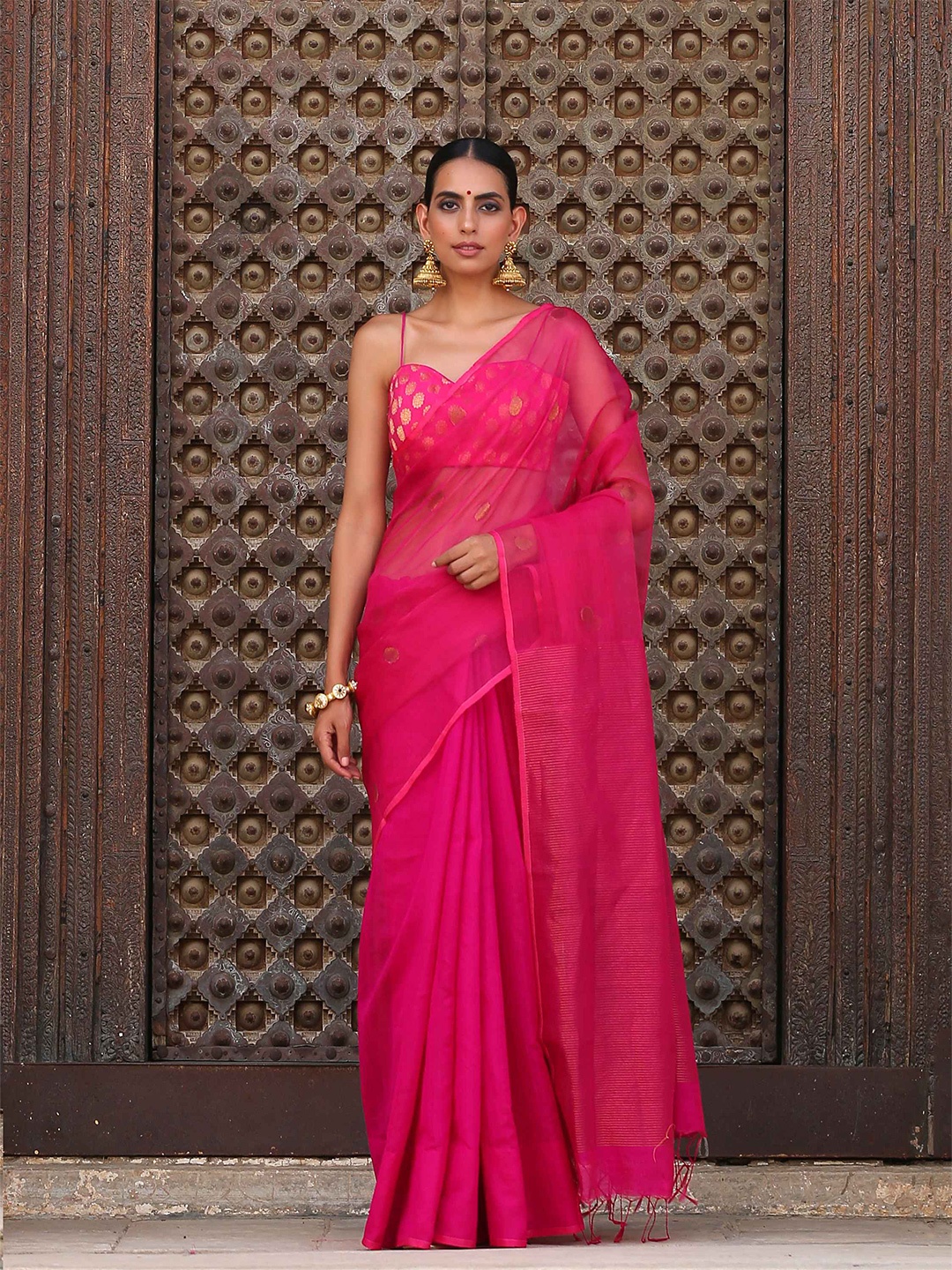 

Swtantra Pink Silk Cotton Chanderi Saree