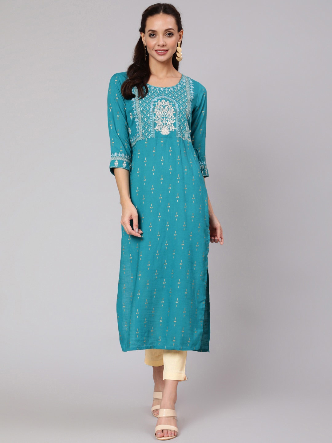 

Jaipur Kurti Women Teal Ethnic Motifs Printed Pleated Kurta with Trousers