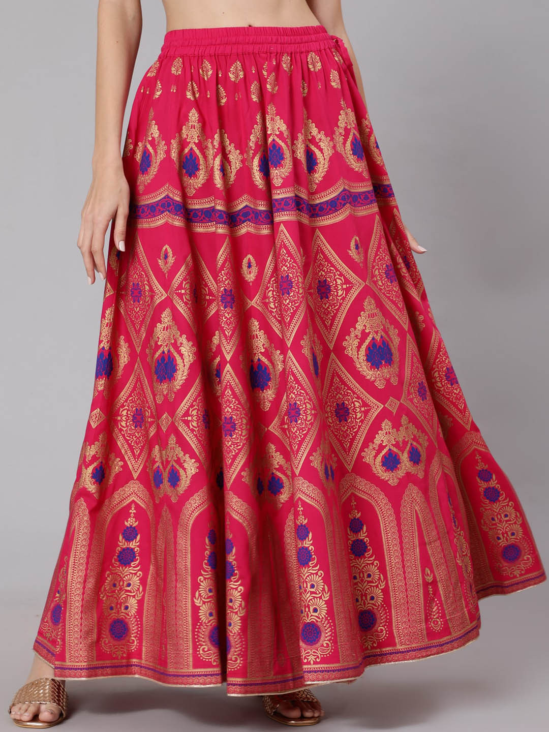 

Jaipur Kurti Women Pink Gold-Coloured Printed Maxi-Length Flared Skirt