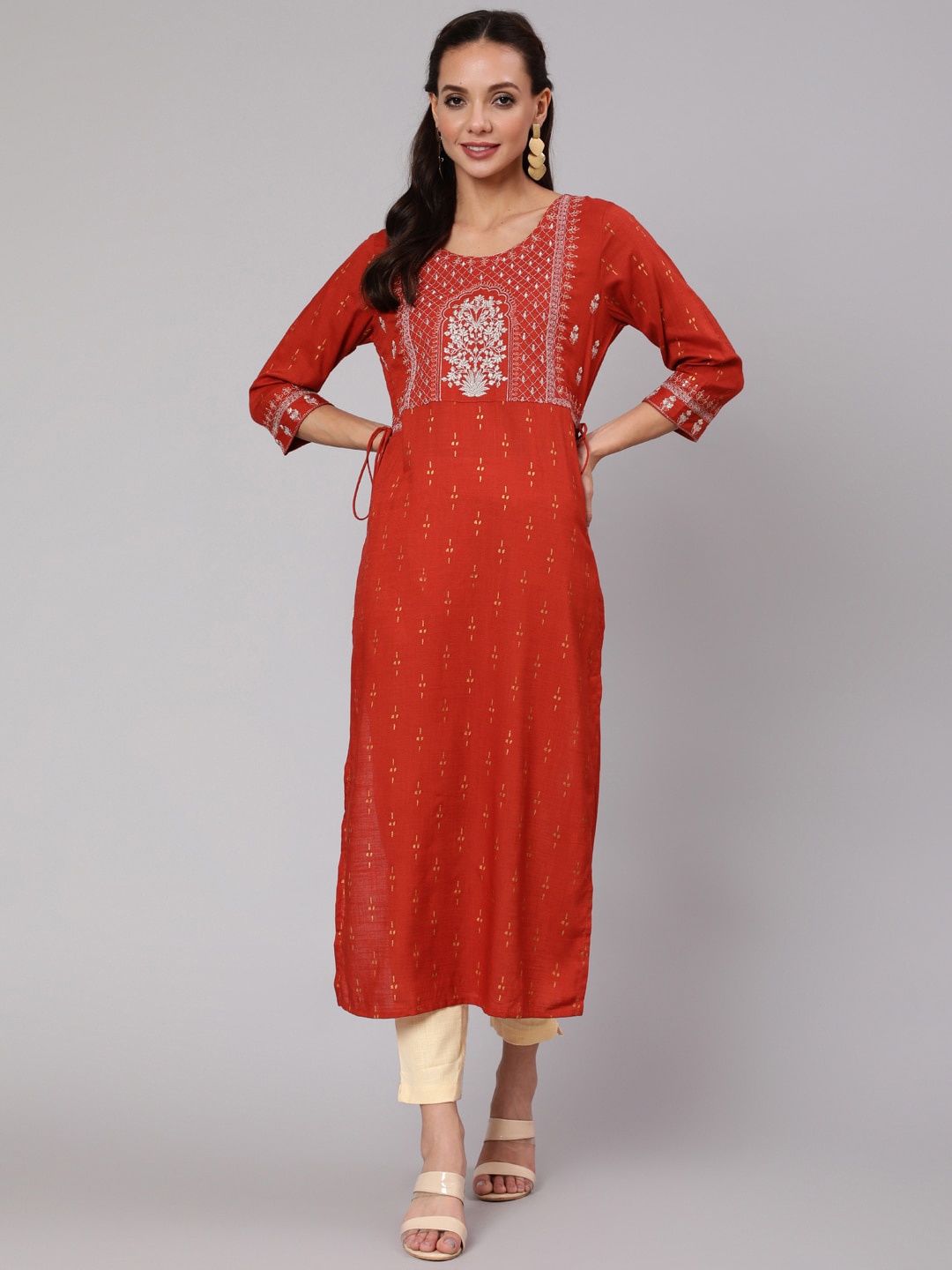 

Jaipur Kurti Women Rust Ethnic Motifs Embroidered Kurta with Trousers