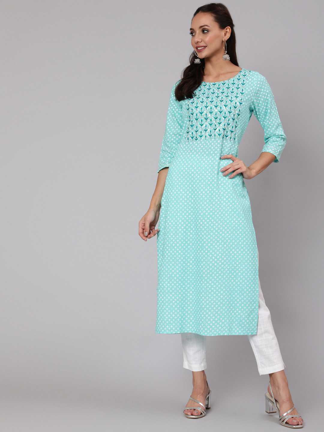 

Jaipur Kurti Women Sea Green Ethnic Motifs Embroidered Kurta with Trousers