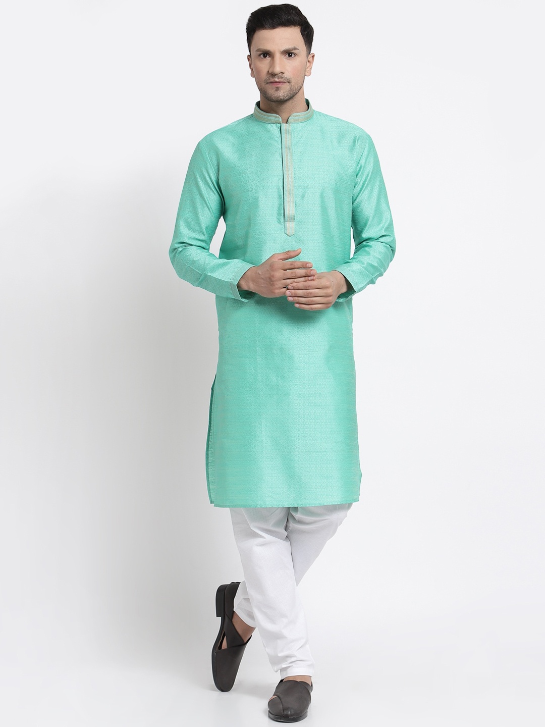 

MOHANLAL SONS Men Green Yoke Design Thread Work Pathani Kurta
