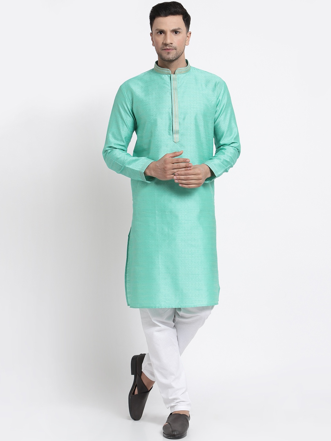 

MOHANLAL SONS Men Green Yoke Design Thread Work Pathani Kurta