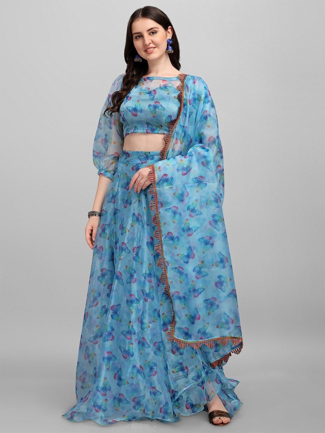 

Fashion Basket Blue & Pink Printed Semi-Stitched Lehenga & Blouse With Dupatta
