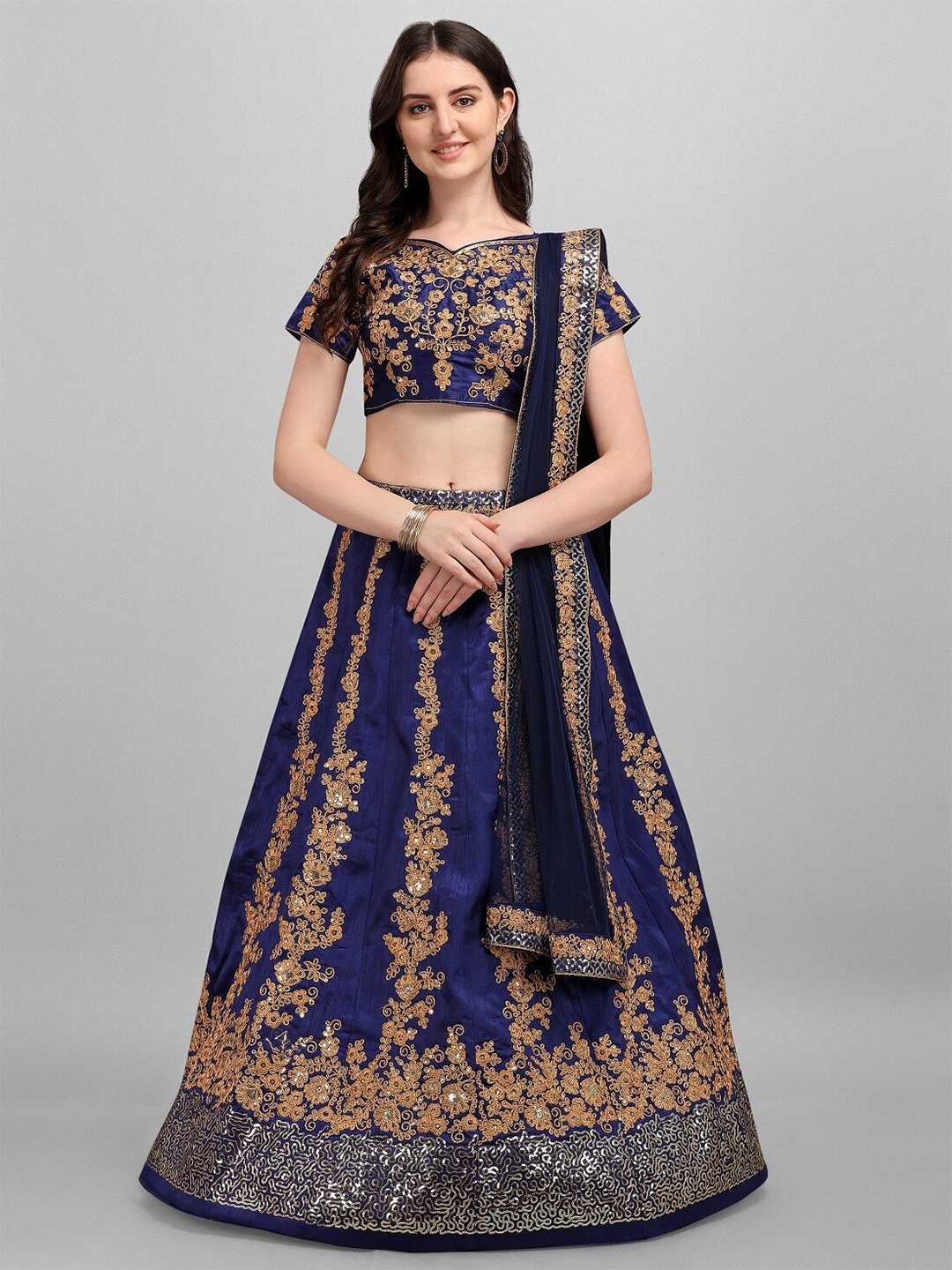 

Fashion Basket Blue & Gold-Toned Embroidered Thread Work Semi-Stitched Lehenga & Blouse With Dupatta