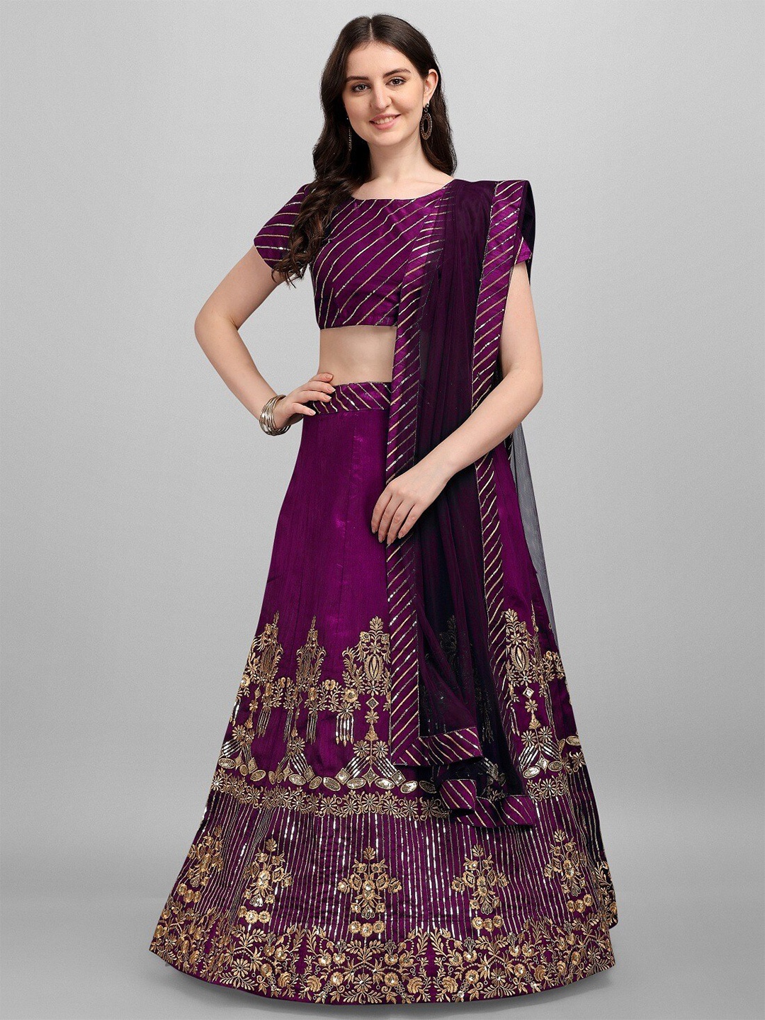 

Fashion Basket Purple & Mauve Embellished Sequinned Semi-Stitched Lehenga & Blouse With Dupatta