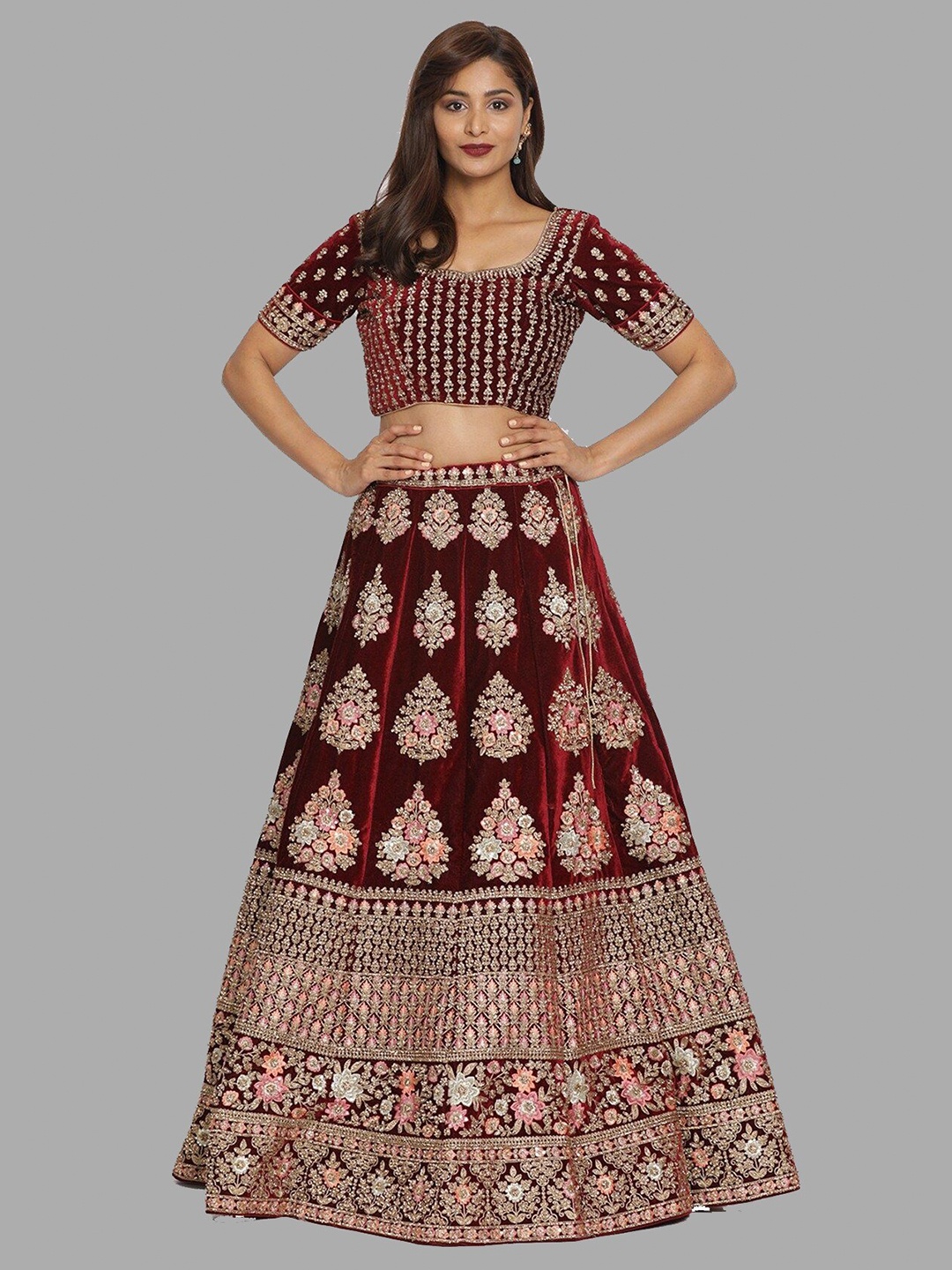 

Fashion Basket Maroon & Gold-Toned Embroidered Semi-Stitched Lehenga & Blouse With Dupatta