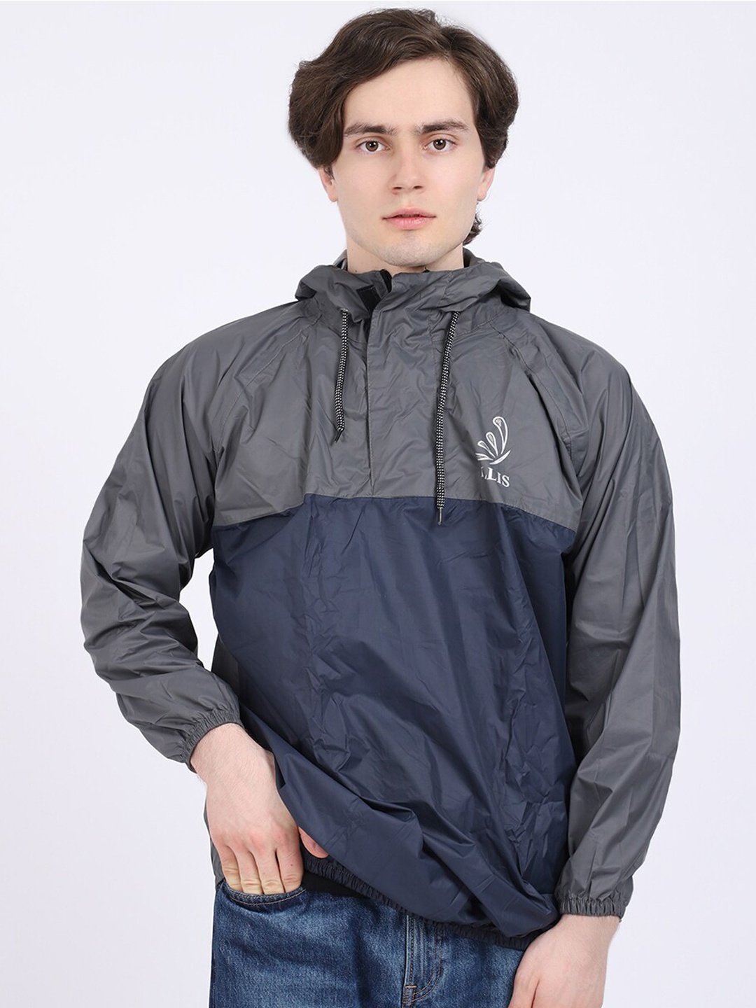 

ELLIS Men Grey & Blue Colourblocked Hooded Rain Jacket