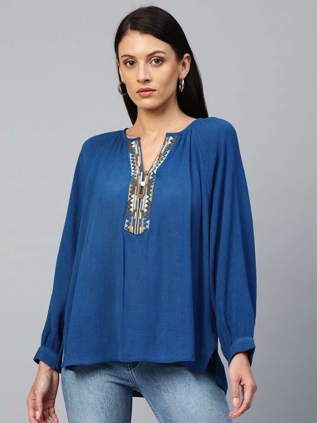 

Chemistry Blue Crinkle Rayon Embroidered Tunic