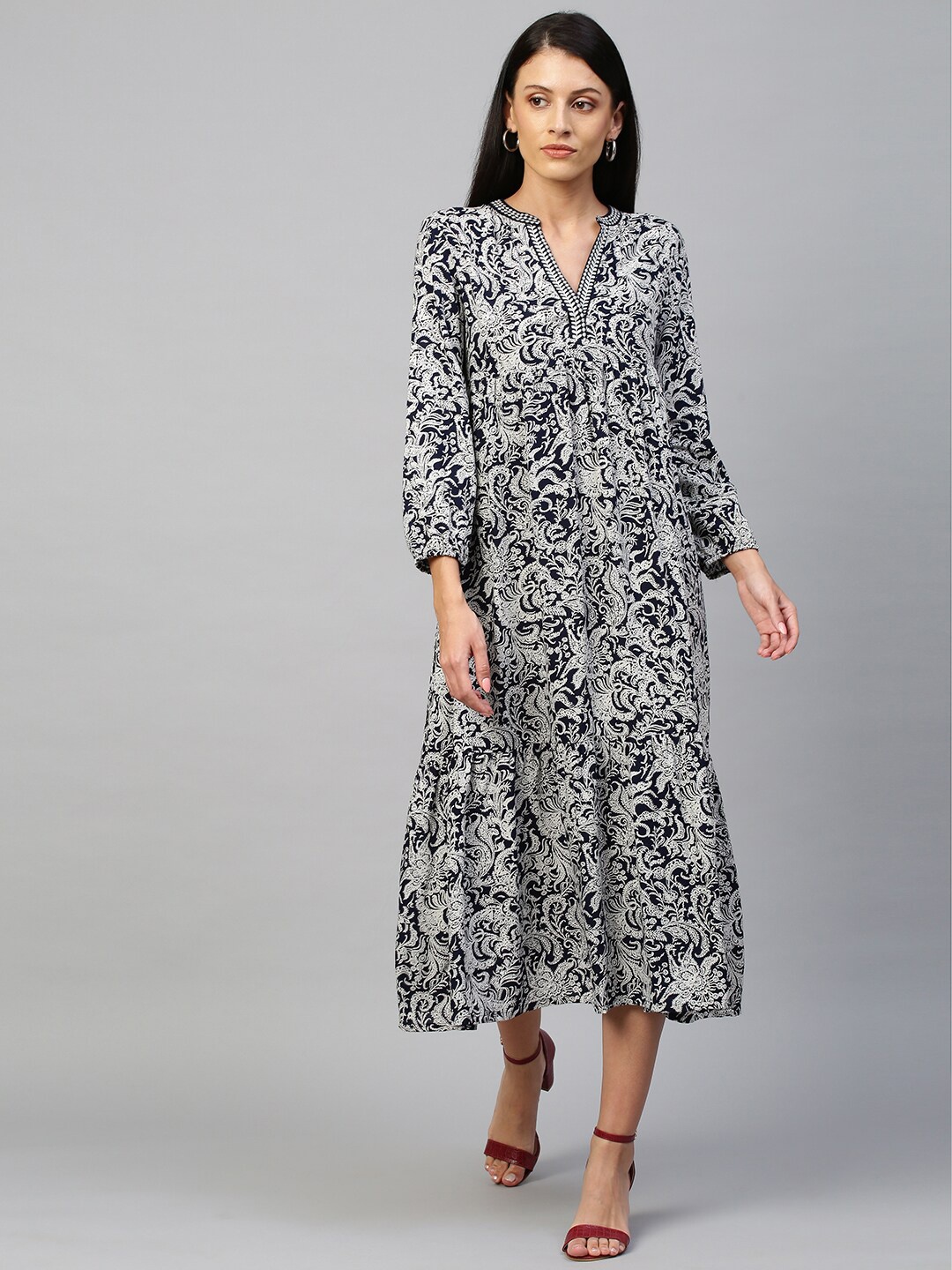 

Chemistry Navy Blue Floral Printed A-Line Midi Dress